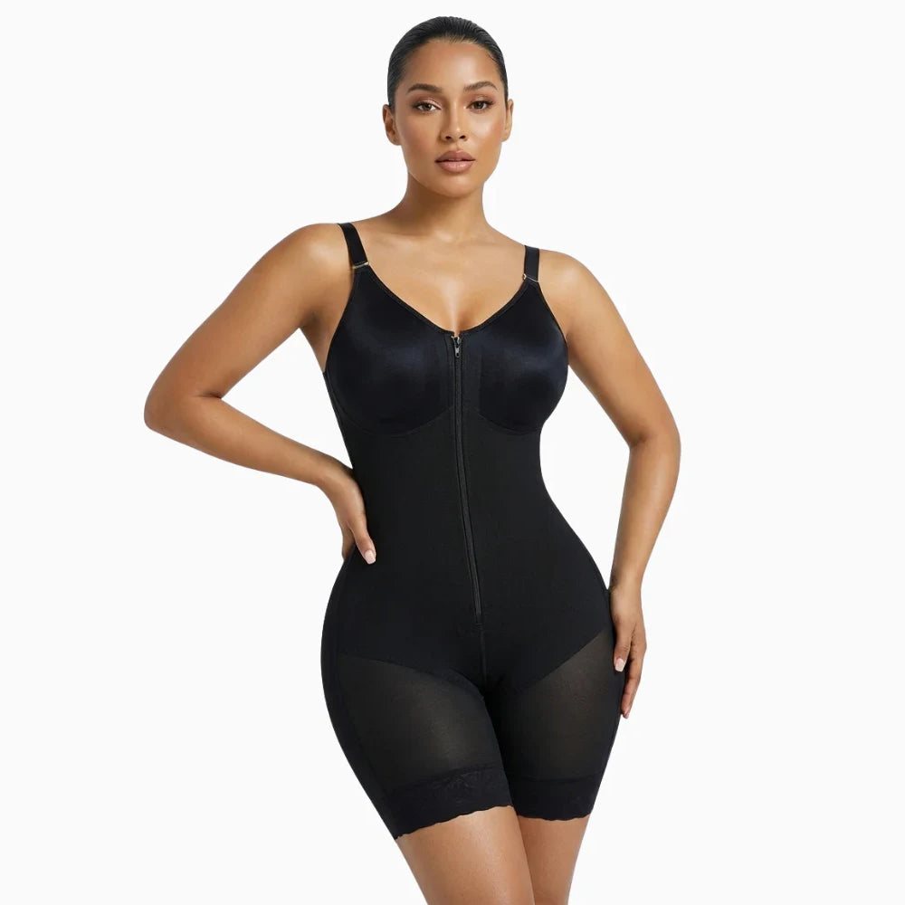 Model wearing black full-bust zipper shapewear