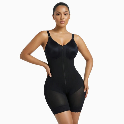 Model wearing black full-bust zipper shapewear