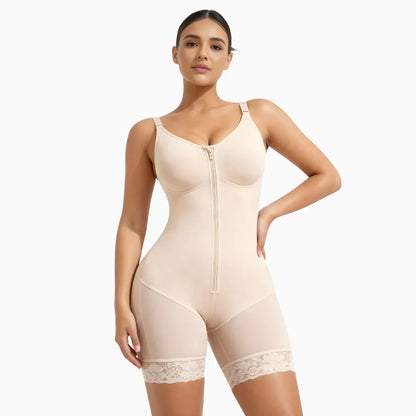 Model wearing beige full-bust zipper shapewear