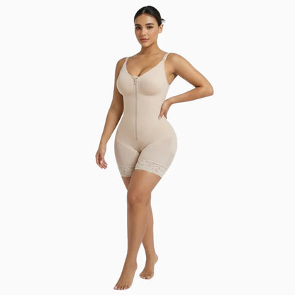 Full-length view of model wearing beige shapewear