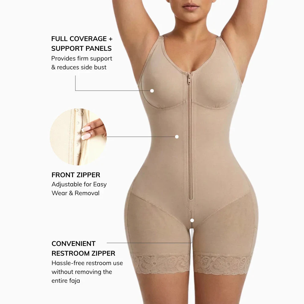 Beige shapewear showing bust support, front zipper and bathroom zipper