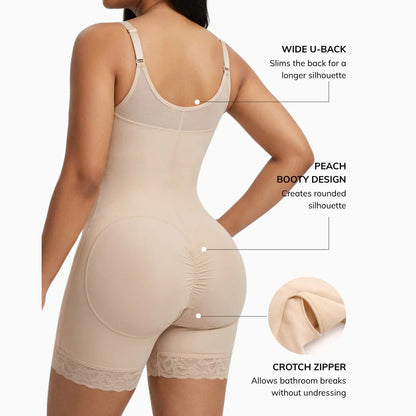 Beige shapewear showing wide back, rear shaping and crotch zipper