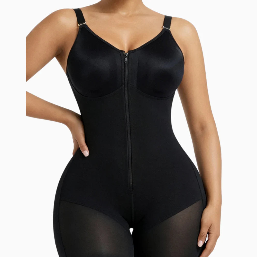 Close view of black shapewear bust support and front zipper
