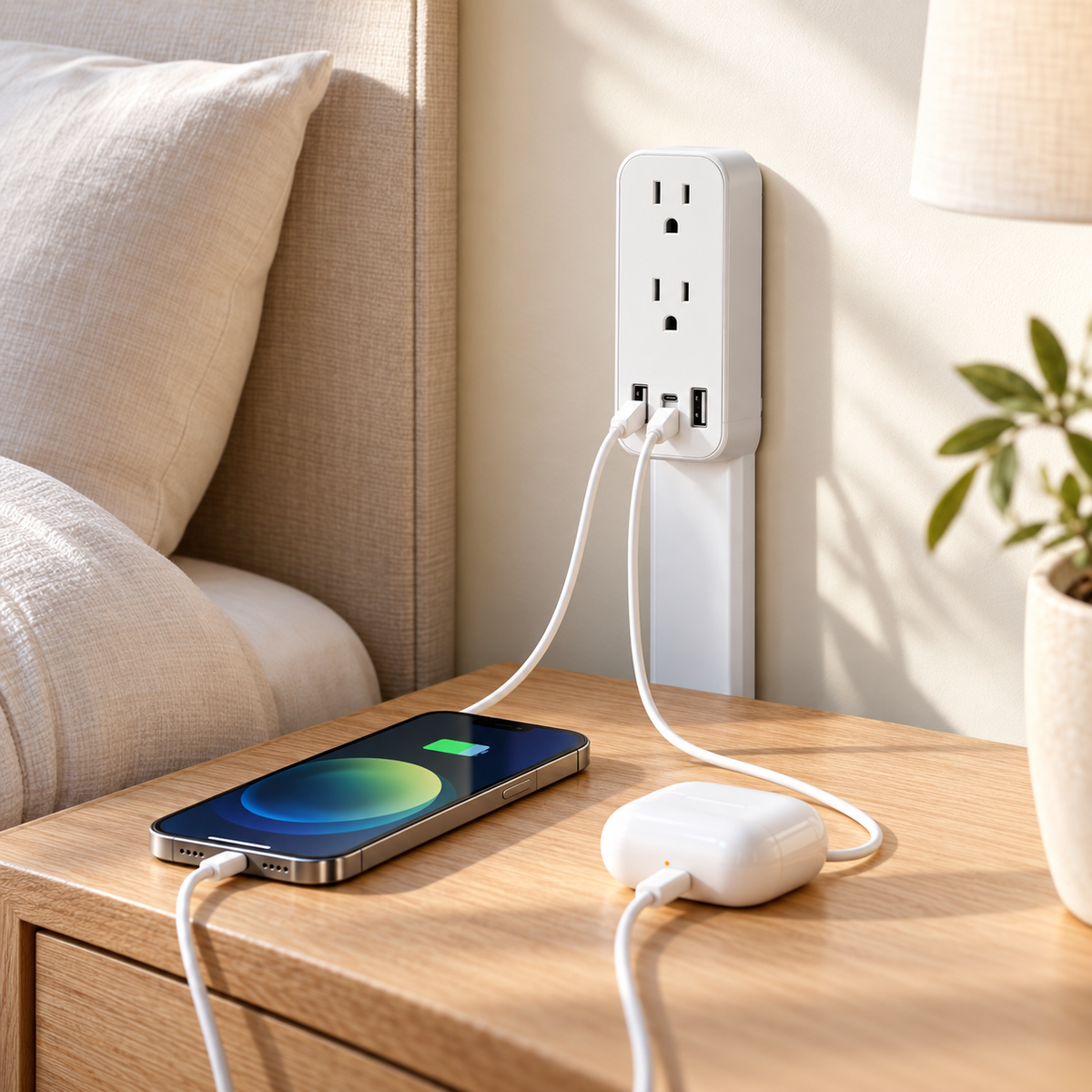 Outlet extender: phone and earbuds USB charging
