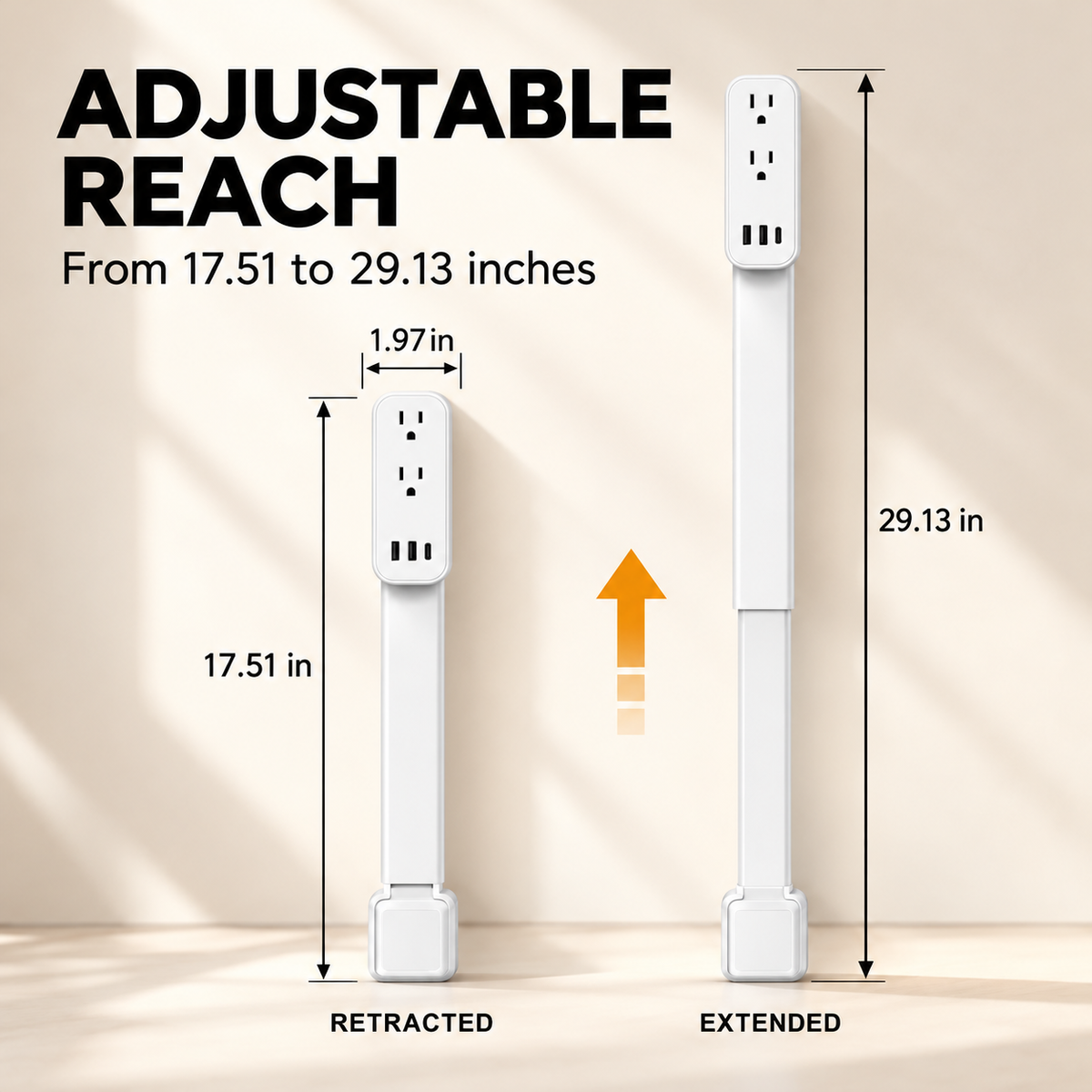Outlet extender: adjustable length from 17.51 to 29.13 inches
