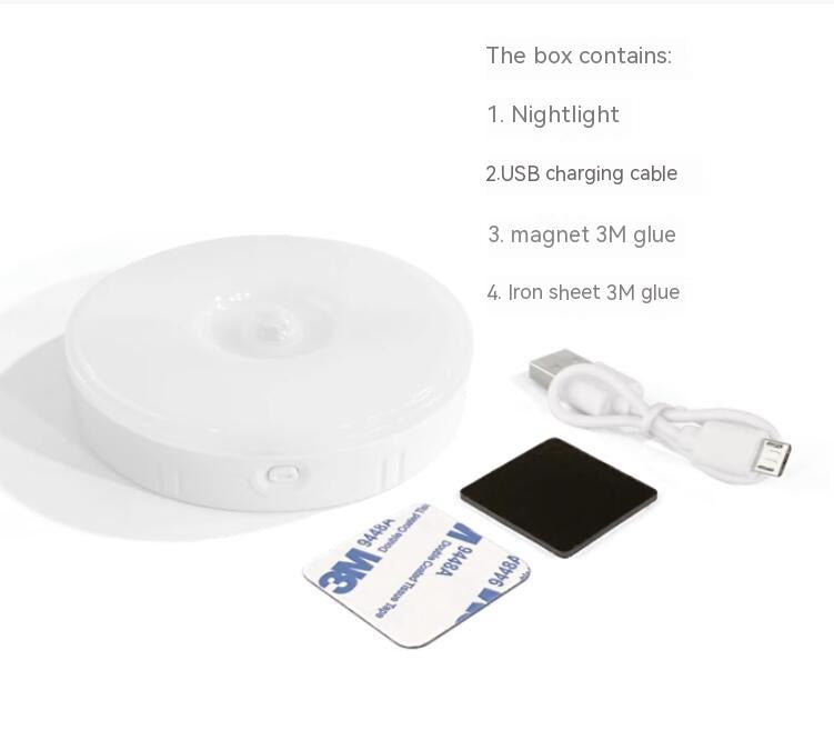Included night light, USB cable and adhesive magnetic mounting pieces