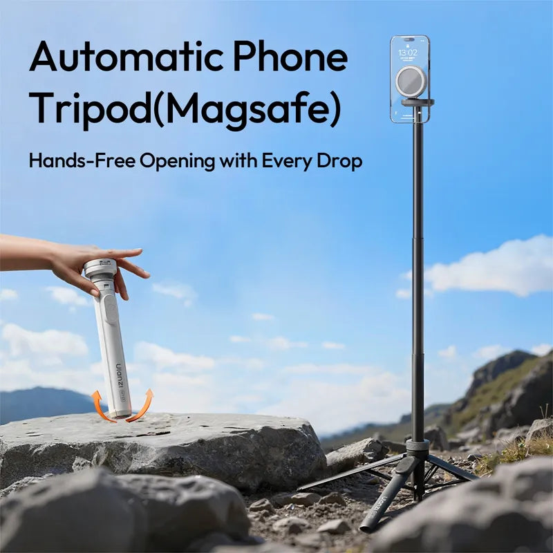 Ulanzi MT85 Automatic Magsafe phone tripod, hands-free setup in outdoor rocky terrain.