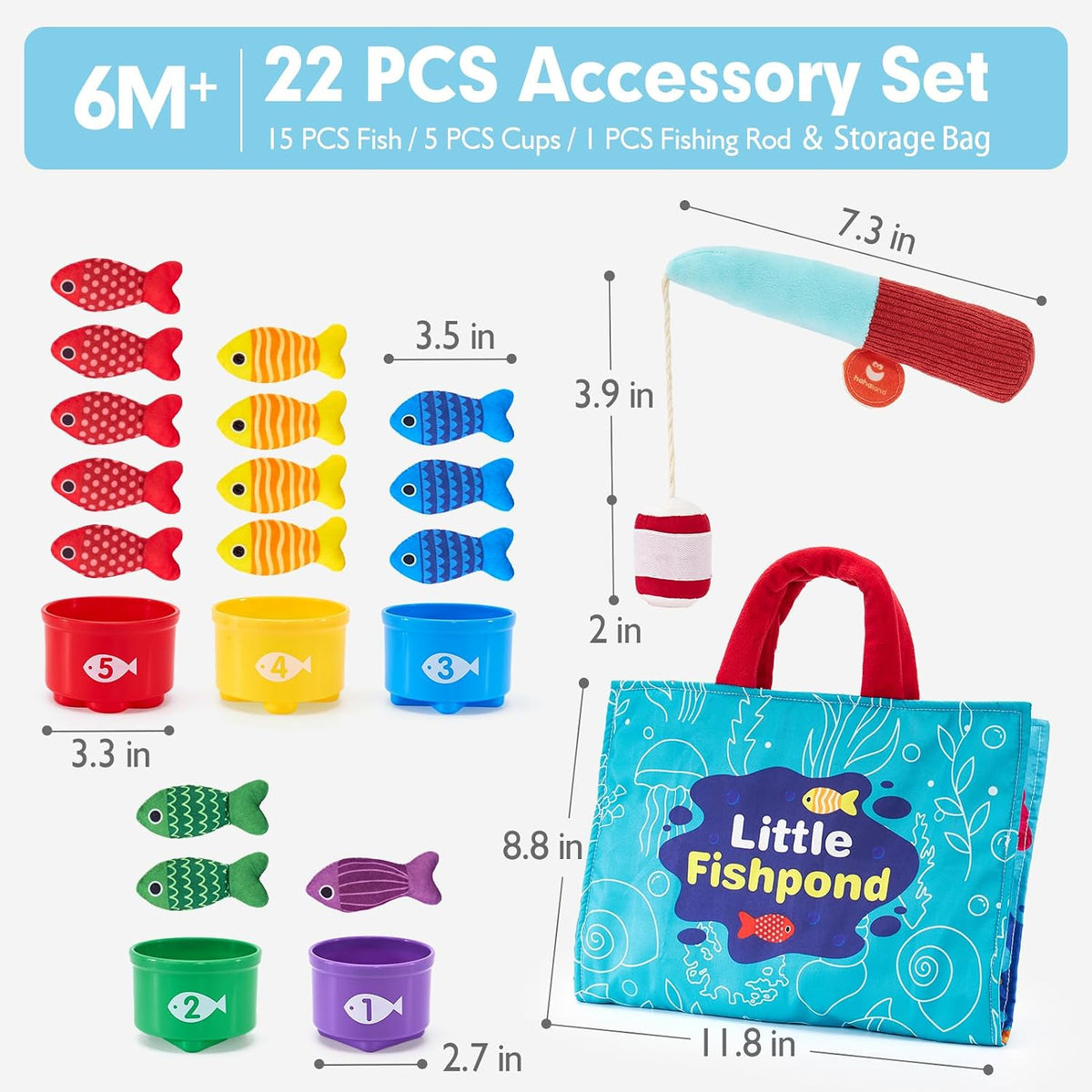 Fishing set contents and illustrated dimensions