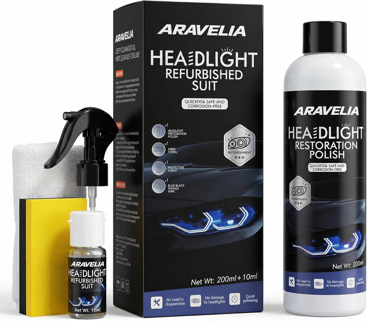 Aravelia headlight restoration kit with polish, coating and accessories