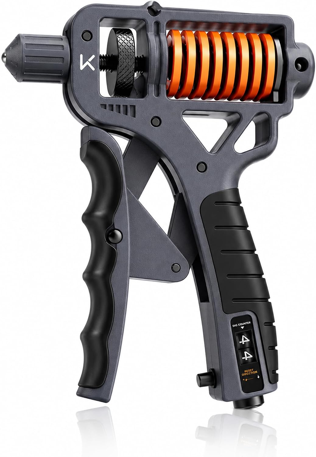 Grey H-shaped grip strengthener with orange spring and mechanical counter