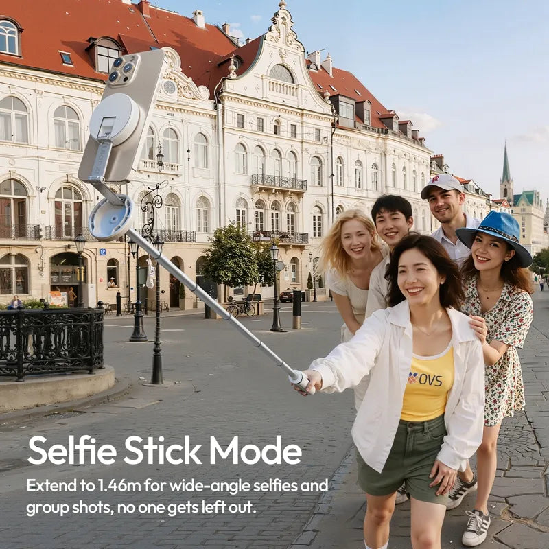 Ulanzi MT85 Magsafe selfie stick extending to capture a group of five friends in front of a European-style building.