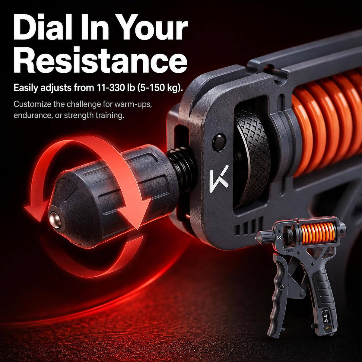 Resistance adjustment knob and advertised 11–330 lb range