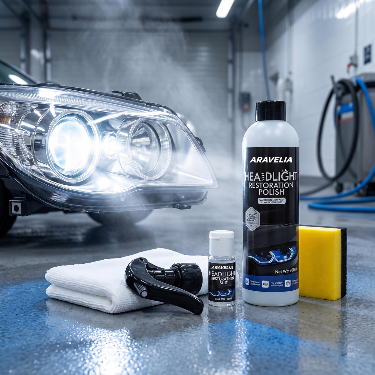 Aravelia headlight care kit beside a vehicle
