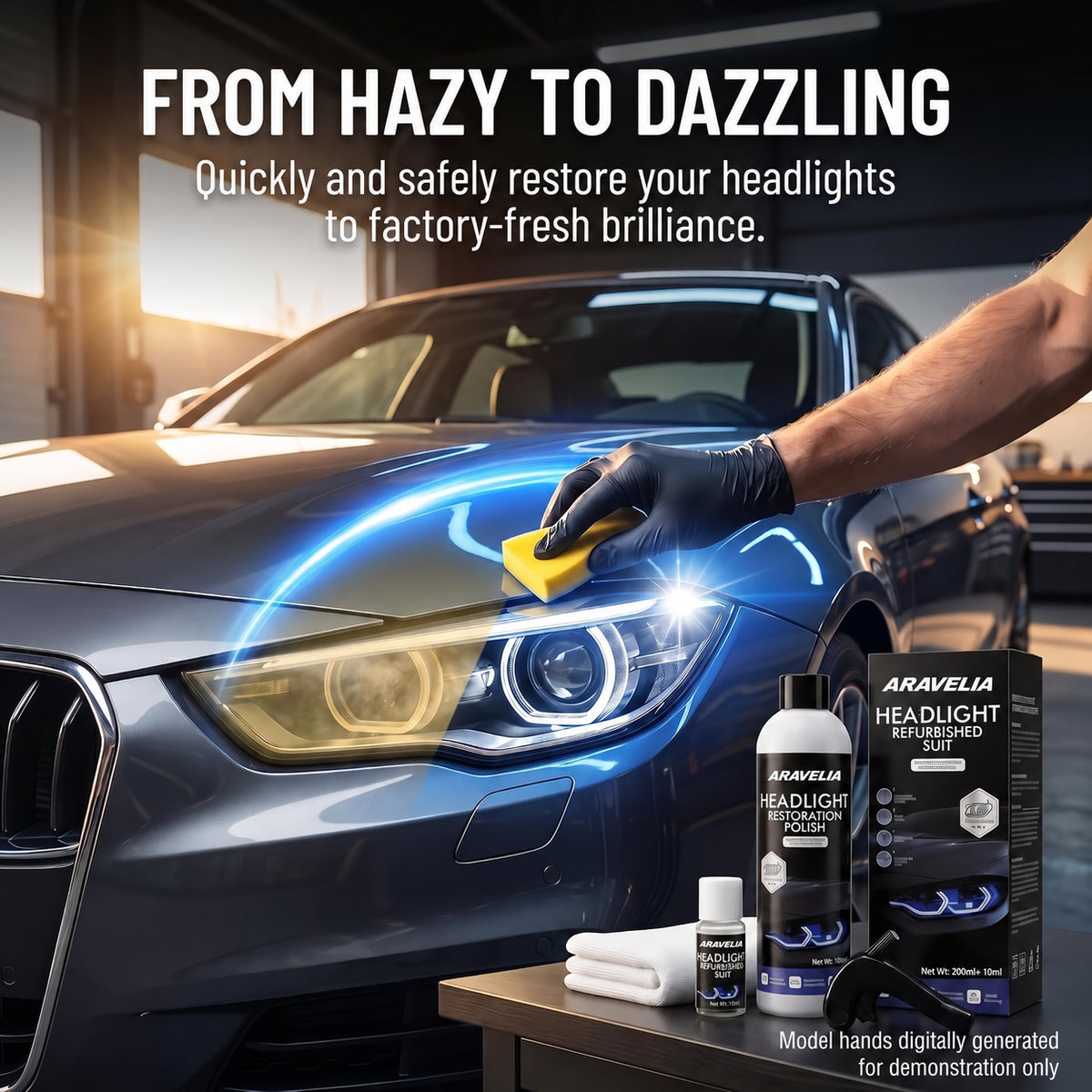 Aravelia headlight polish application illustration