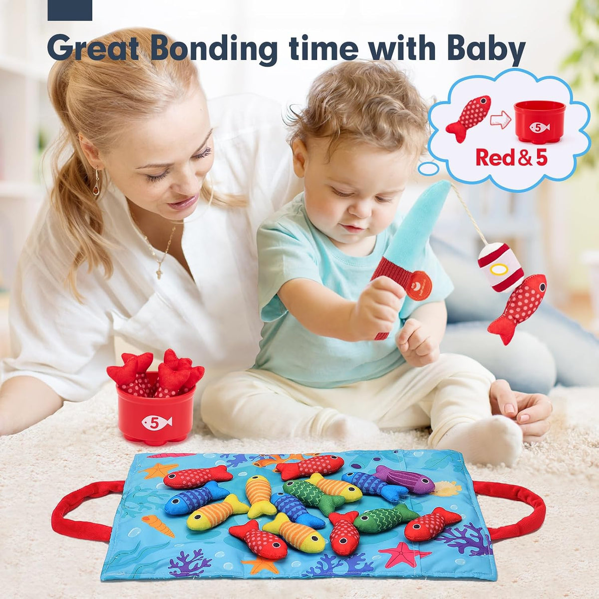 Parent and child playing with the cloth fishing set