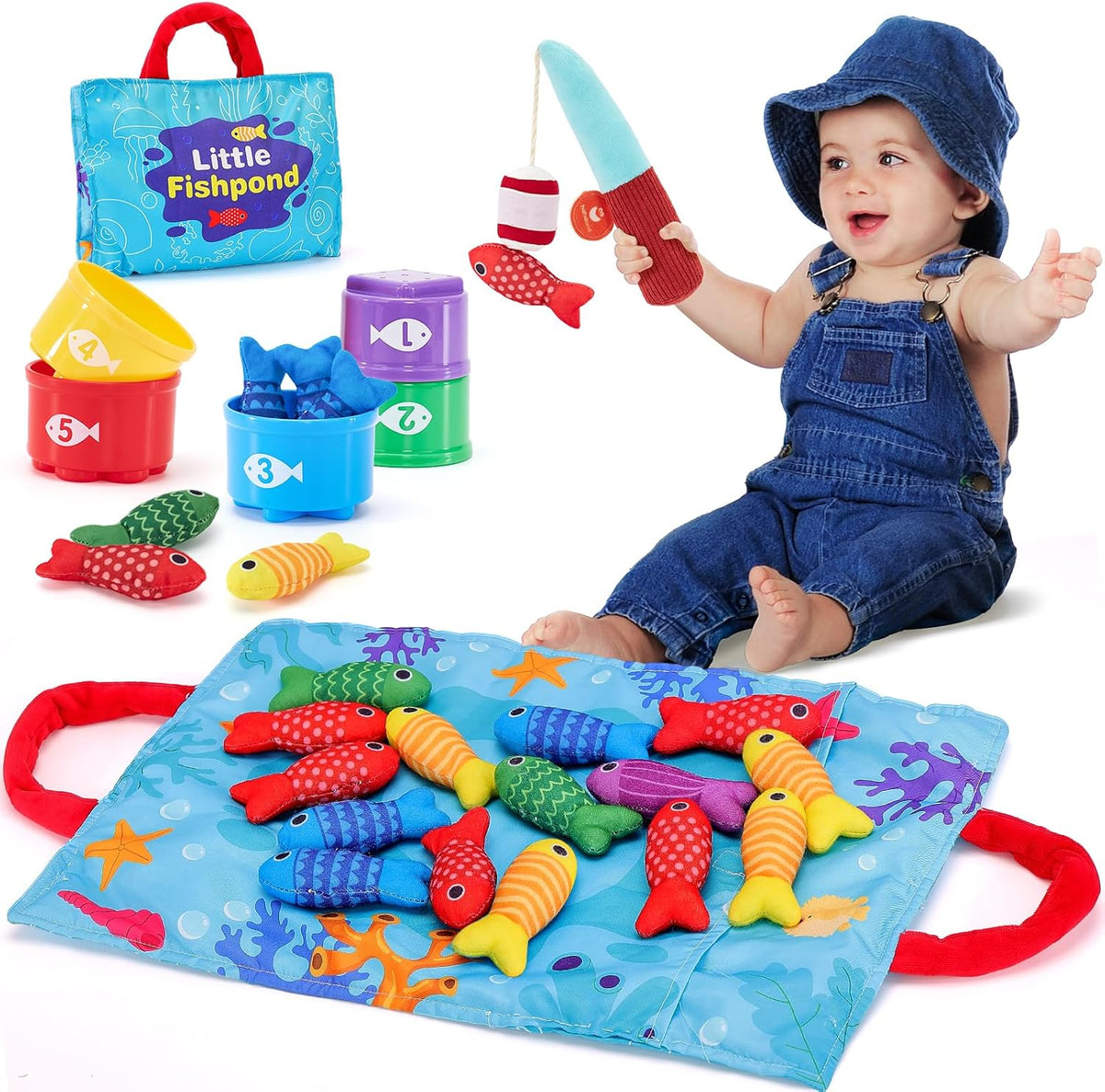 Complete cloth fishing set with play mat, rod, 15 fish and five cups