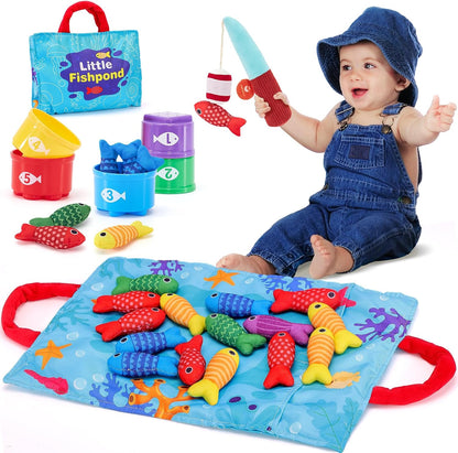 Complete cloth fishing set with play mat, rod, 15 fish and five cups