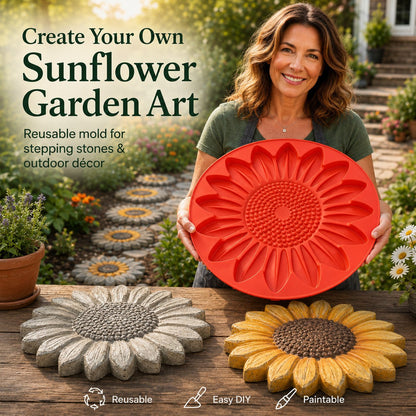 Red reusable sunflower mold with natural and painted sunflower garden stones