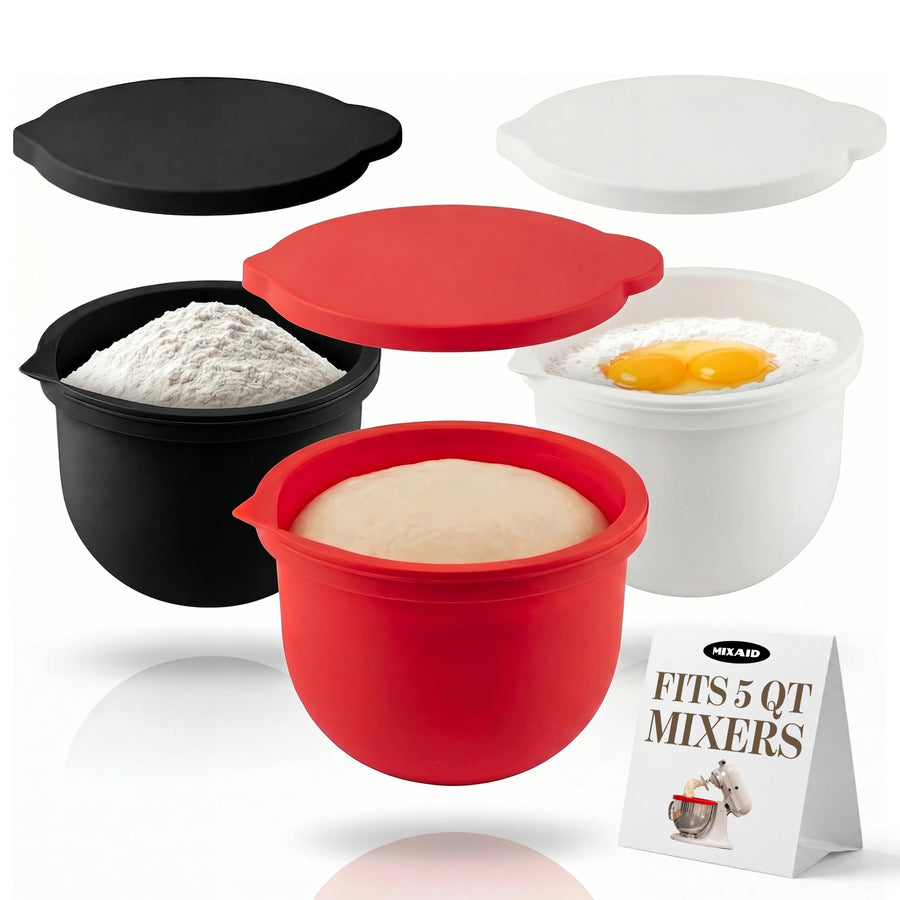 Three silicone mixer bowl liners and matching lids in red, white and black