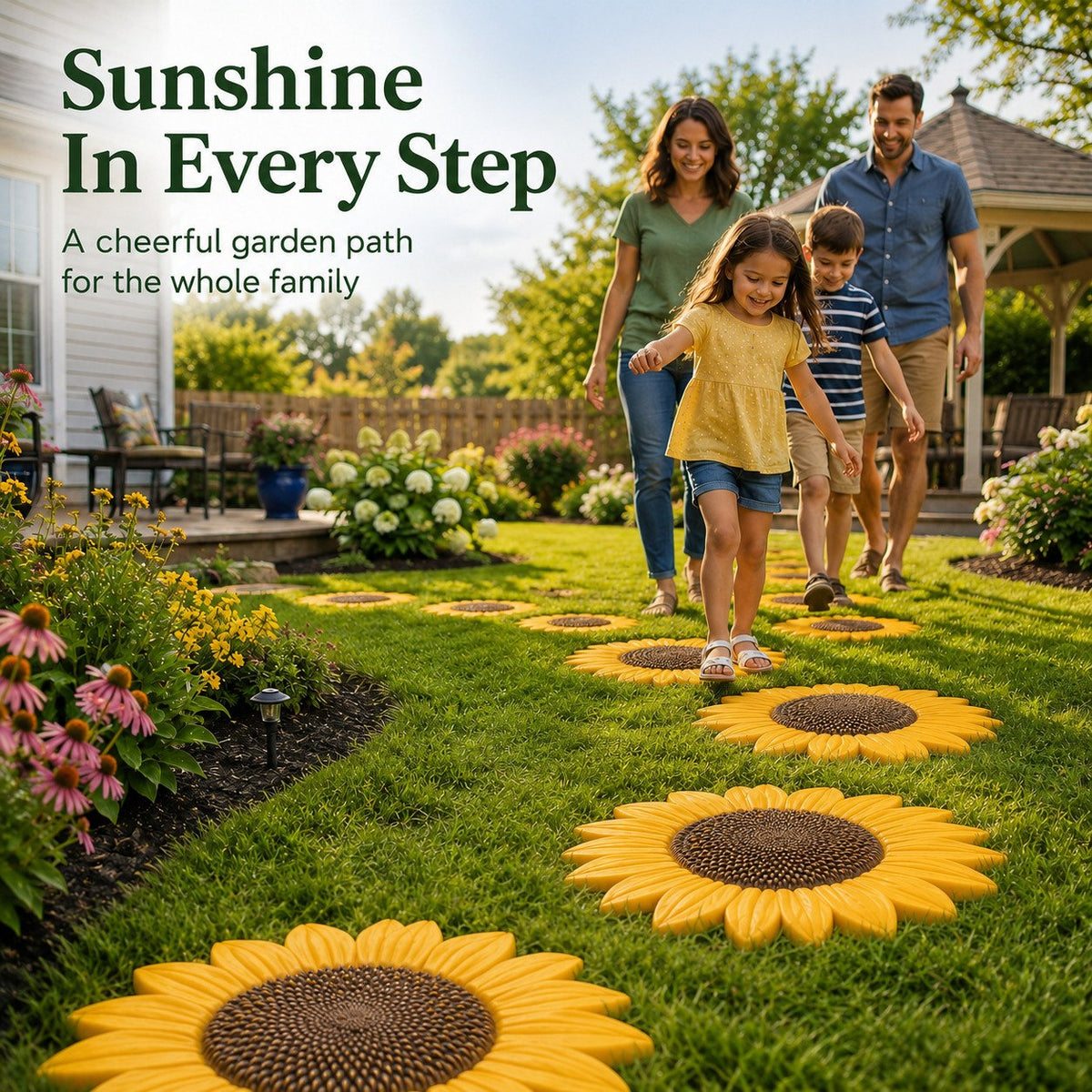 Family garden path made with painted sunflower stepping stones