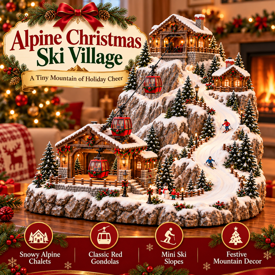 Alpine Christmas village with red gondolas and snowy chalets