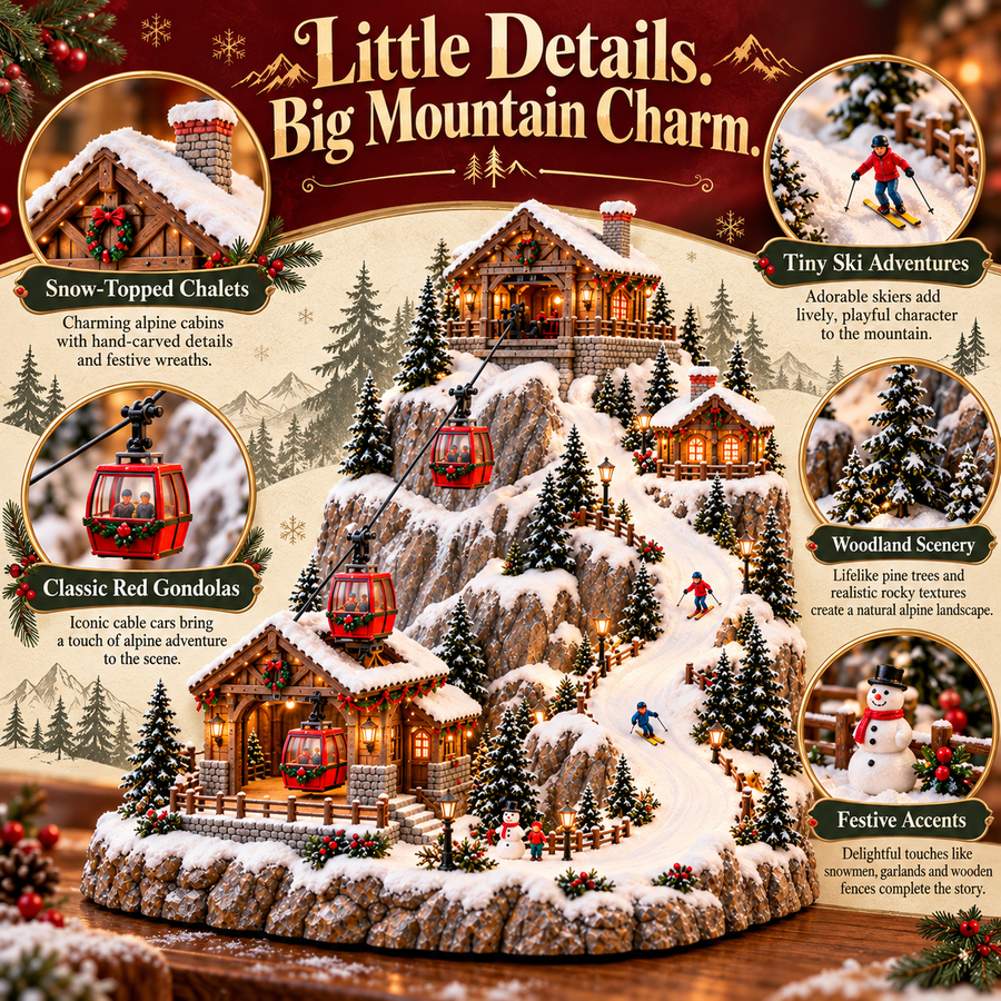 Miniature chalet gondola skier and woodland details