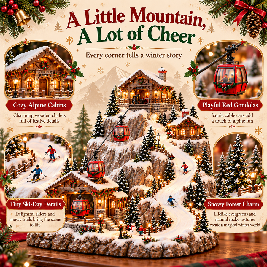 Snowy cabins red cable cars and miniature skiers