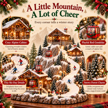 Snowy cabins red cable cars and miniature skiers