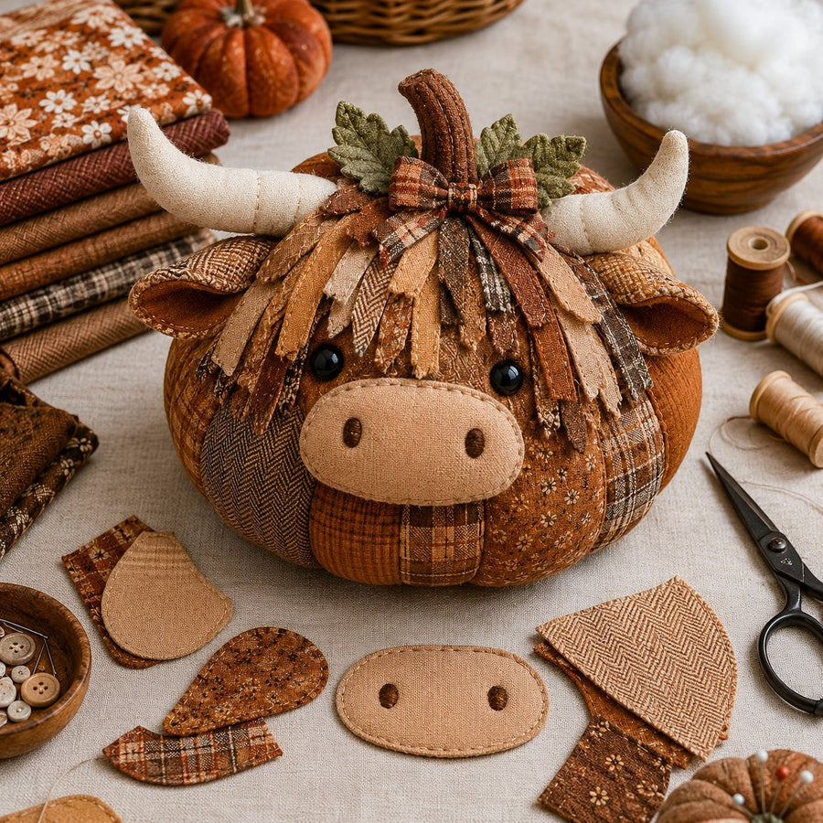 Highland cow DIY fabric pumpkin sewing kit — finished decoration