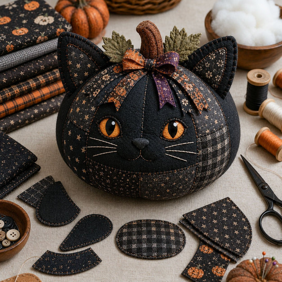 Cat DIY fabric pumpkin sewing kit — finished decoration