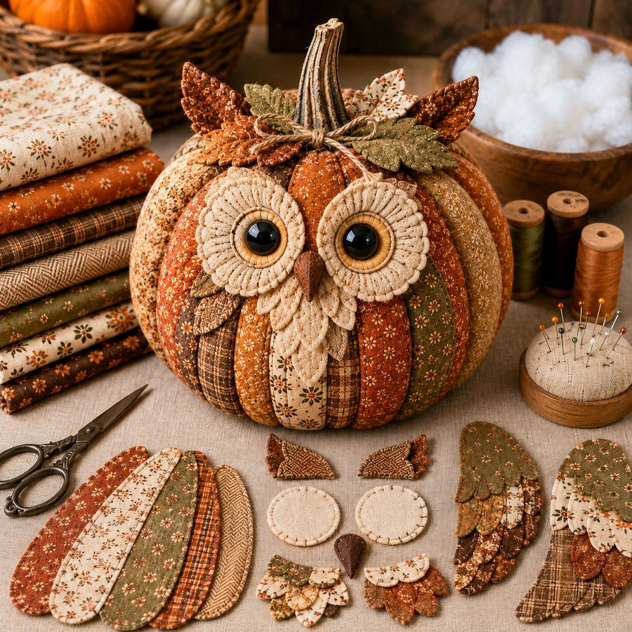Owl DIY fabric pumpkin sewing kit — finished decoration
