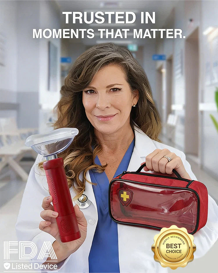 Reference artwork: clinician holding an OUR+ device and storage bag