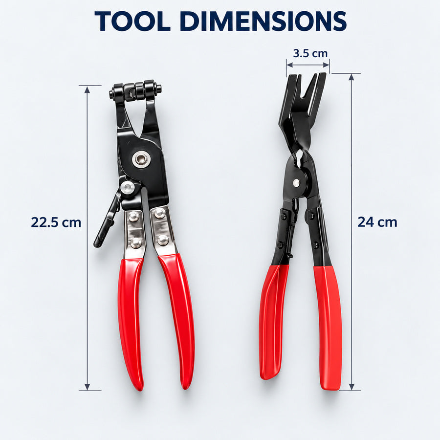 Tool dimensions: hose pliers 22.5 cm; trim pliers 24 cm with 3.5 cm head