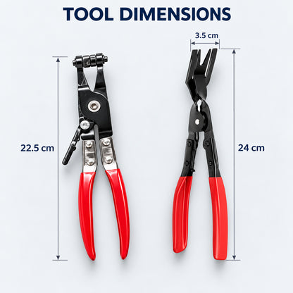 Tool dimensions: hose pliers 22.5 cm; trim pliers 24 cm with 3.5 cm head