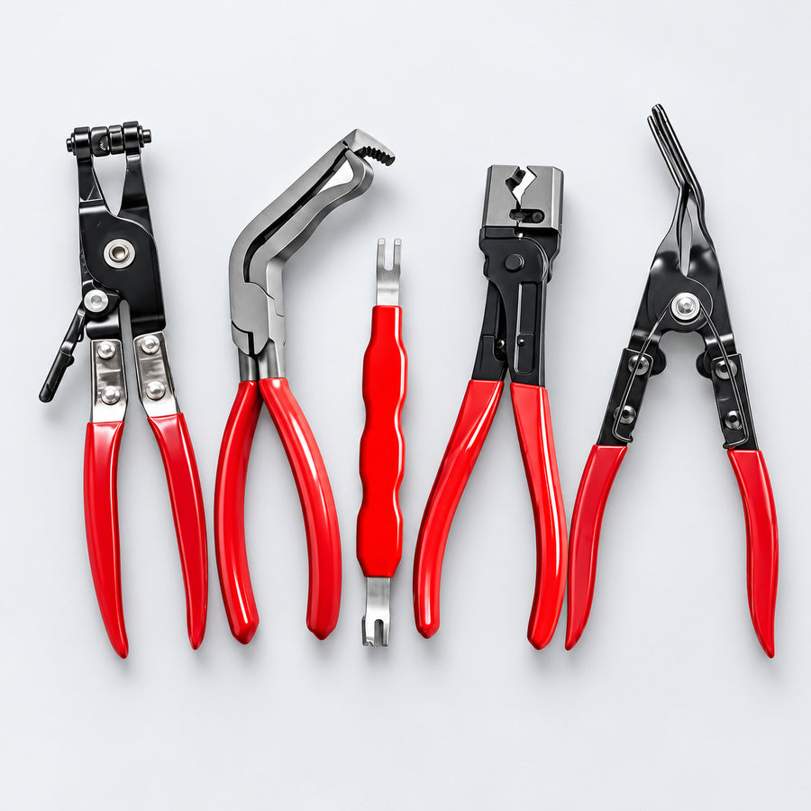 Complete five-piece automotive tool set — studio view