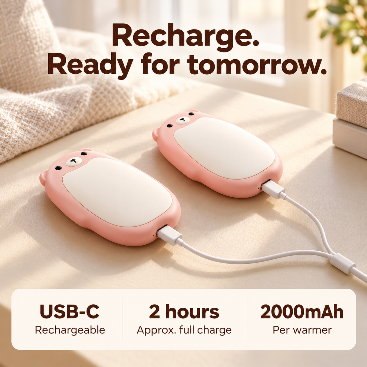 Dual USB-C charging, approximately two hours, 2000mAh per warmer