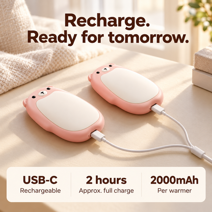 Dual USB-C charging, approximately two hours, 2000mAh per warmer