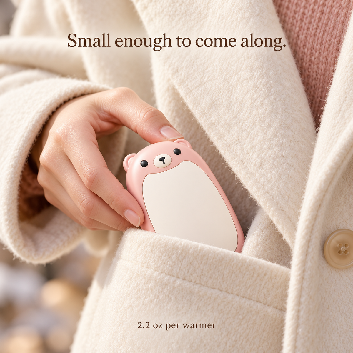 Compact bear hand warmer in a winter coat pocket, 2.2 oz each