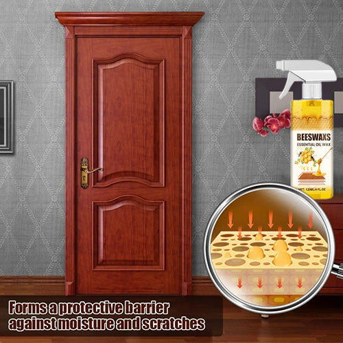 Wood care spray and wooden door illustration