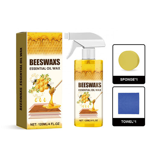 Beeswax wood care spray, 120 ml bottle, packaging, sponge and cloth