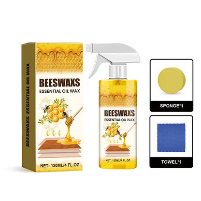 Beeswax wood care spray, 120 ml bottle, packaging, sponge and cloth