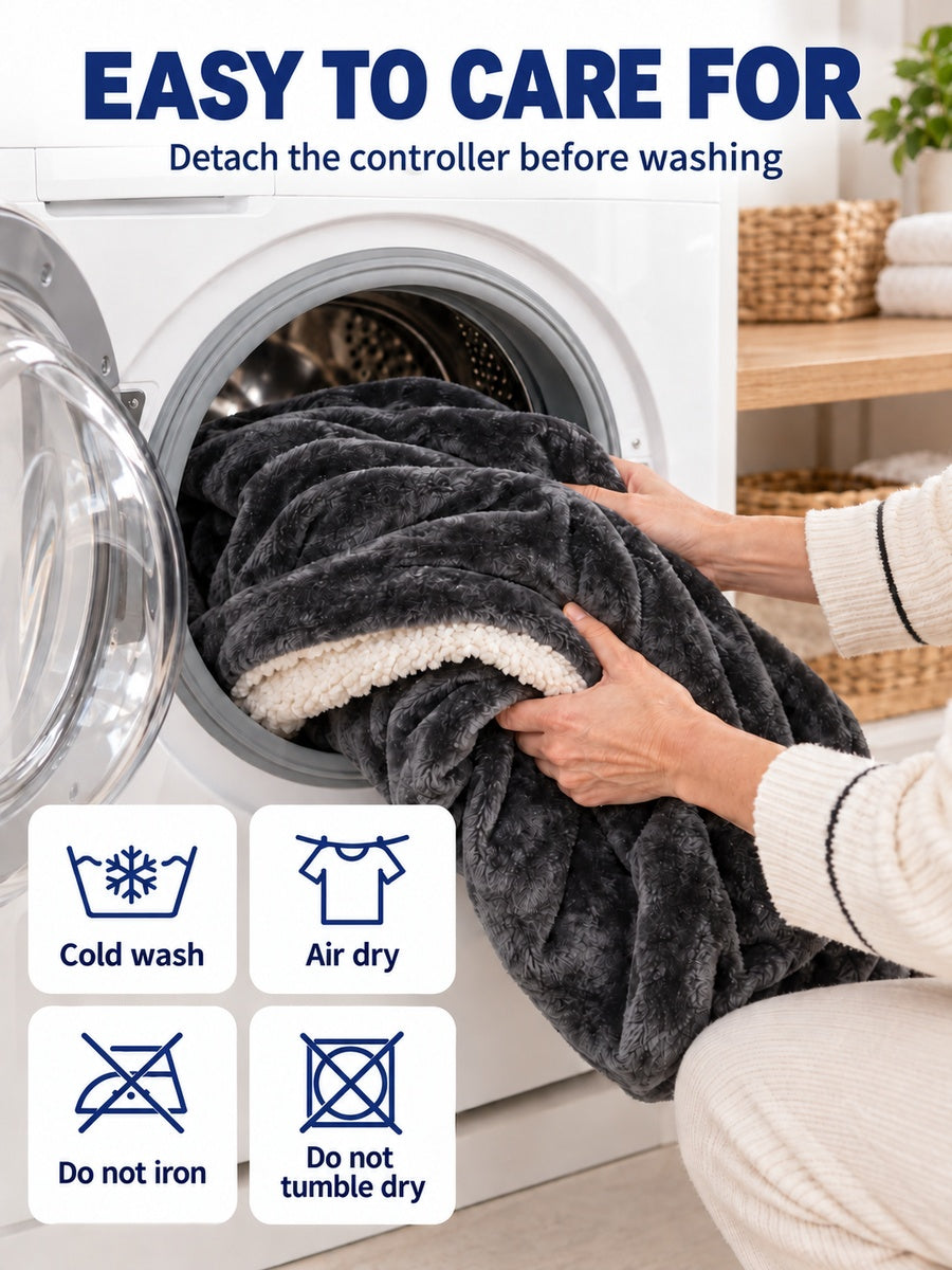 Heated blanket washing guide with blue care symbols: wash cold, air dry, do not iron or tumble dry