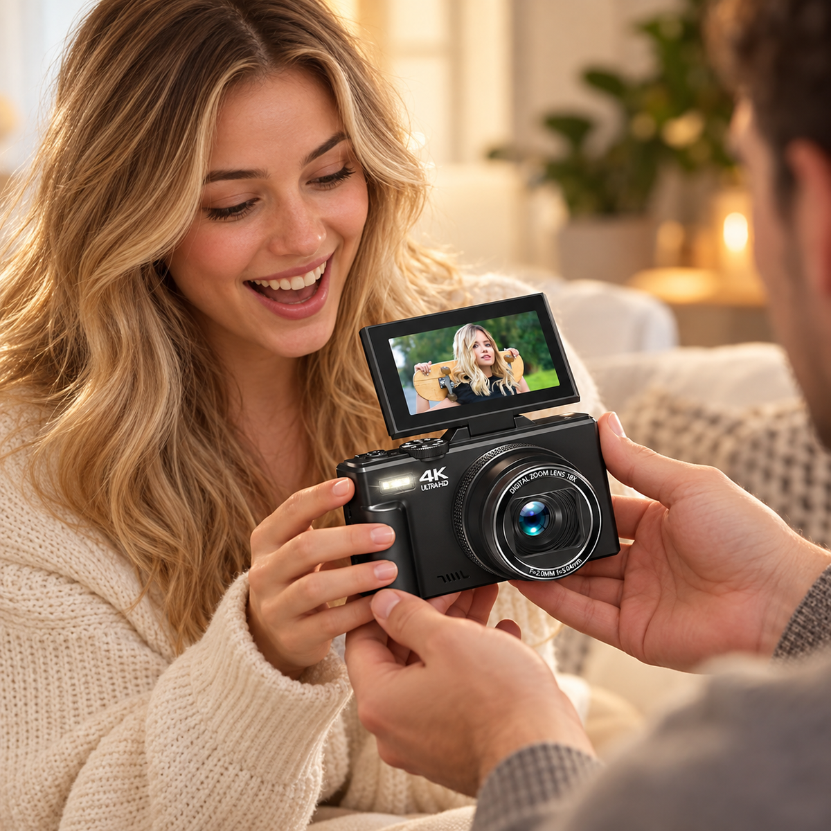 A young adult woman receiving the Luma 4K camera as a thoughtful gift