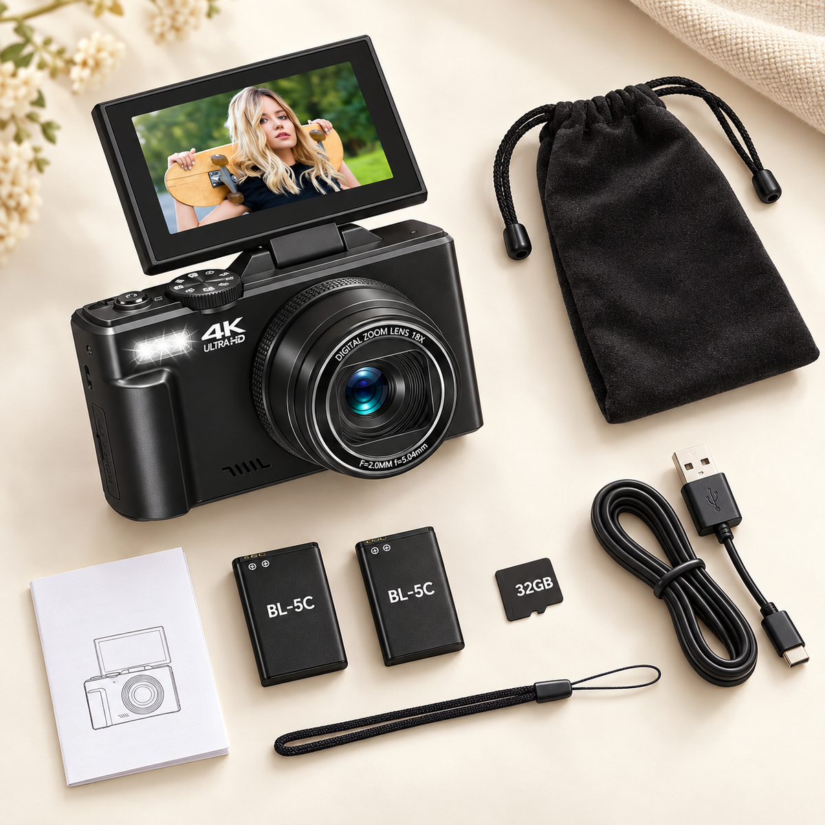 Included charcoal camera kit with two batteries, 32GB card, USB cable, lanyard, camera bag and manual