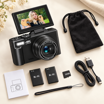 Included charcoal camera kit with two batteries, 32GB card, USB cable, lanyard, camera bag and manual