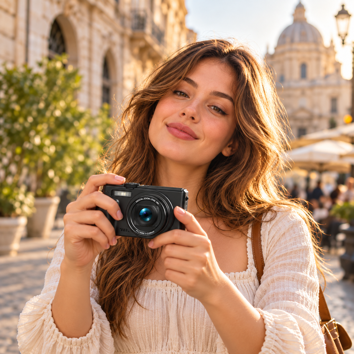 A young adult woman using the flip-screen camera on a city break