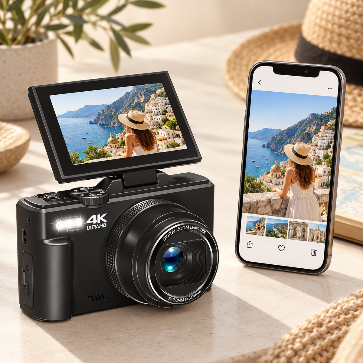 Camera and smartphone illustrating photo transfer; phone not included
