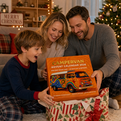 Campervan calendar gift box opened during a family Christmas countdown