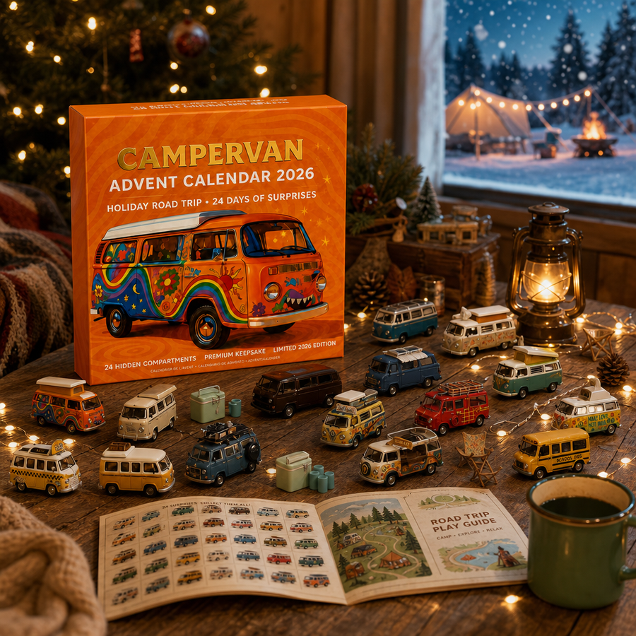 Campervan calendar with retro camper pieces in a festive setting