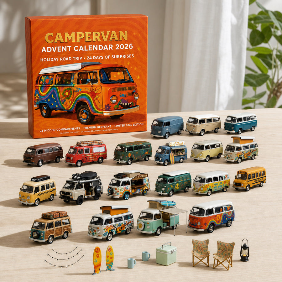 Campervan calendar with vintage camper pieces and camping accessories